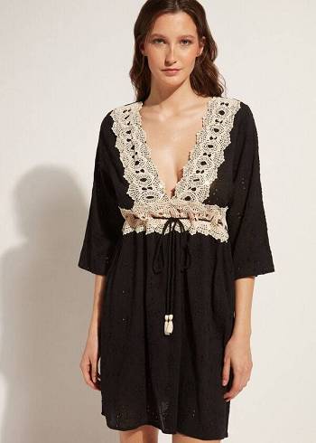 Calzedonia Dress in Sangallo Lace and Sequins Ženske Cover Ups Crne | HR2115SO