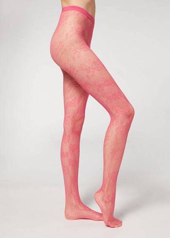 Calzedonia Floral Lace-Motif Fishnet Patterned Ženske Hulahopke Roze | HR3091KI