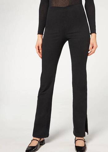 Calzedonia High-Waist Flared in Denim with Slits Ženske Tajice Crne | HR1532QZ