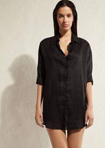 Calzedonia Linen Shirt Ženske Cover Ups Crne | HR2099CE