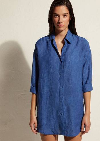 Calzedonia Linen Shirt Ženske Cover Ups Plave | HR2100VD