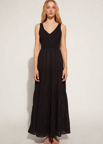 Calzedonia Long Dress with Ruffled Skirt Ženske Cover Ups Crne | HR2091FM