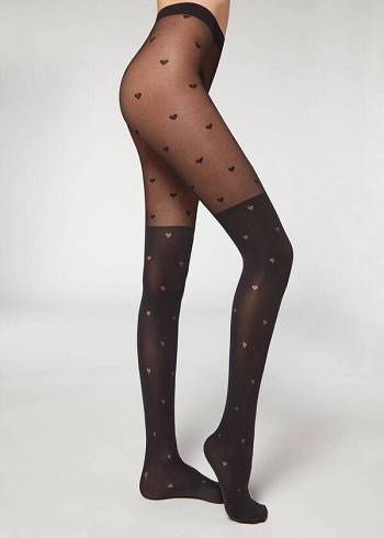 Calzedonia Longuette-Effect Mini Heart-Motif Patterned Ženske Hulahopke Crne | HR3080EX