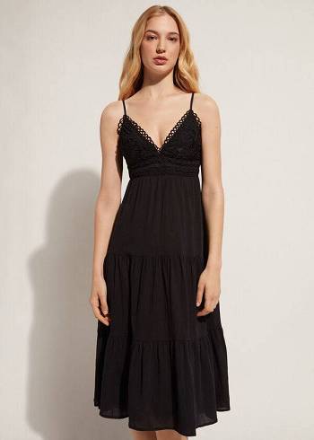 Calzedonia Midi Dress in Macramé Lace and Ruffled Skirt Ženske Cover Ups Crne | HR2086OR