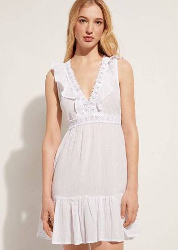 Calzedonia Mini Dress with Ruffle and Passementerie Ženske Cover Ups Bijele | HR2084UT