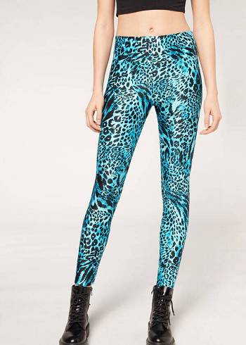 Calzedonia Shiny Animal-Print Athletic Ženske Tajice Tirkizne | HR1510TV