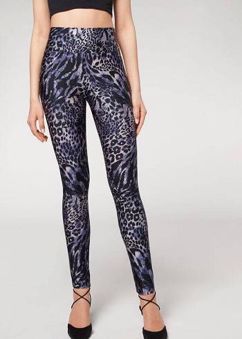 Calzedonia Shiny Animal-Print Athletic Ženske Tajice Plave Sive | HR1511YU