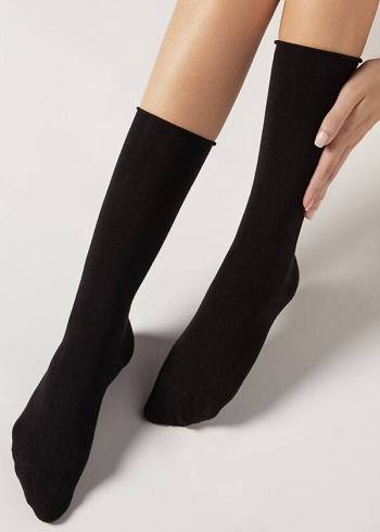 Calzedonia Smooth Cotton Mid-Calf Long Ženske Čarape Crne | HR1928UT