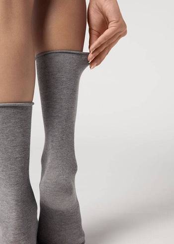 Calzedonia Smooth Cotton Mid-Calf Long Ženske Čarape Srebrne | HR1929IS