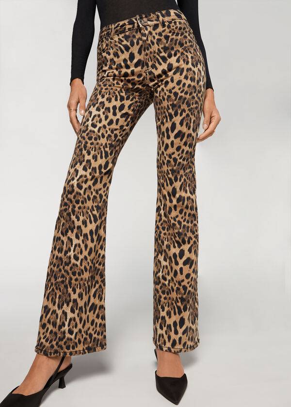 Calzedonia Animal Print Flared Ženske Hlače Smeđe | HR1478NB