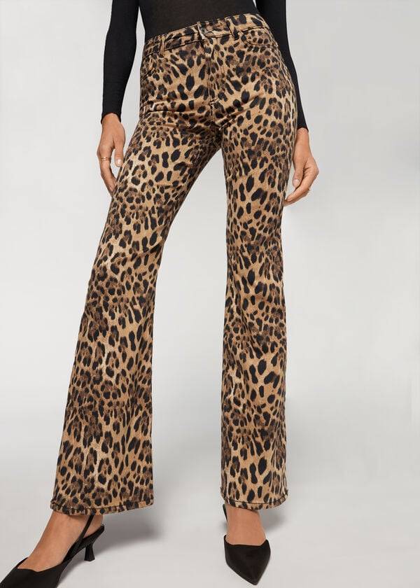 Calzedonia Animal Print Flared Ženske Traperice Smeđe | HR1630XF