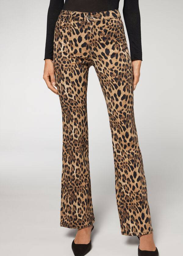 Calzedonia Animal Print Flared Ženske Traperice Smeđe | HR1630XF