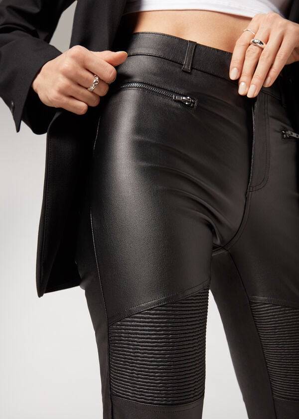 Calzedonia Coated Mršav Biker Ženske Hlače Crne | HR1470JJ