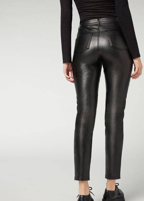 Calzedonia Coated Thermal Mršav Biker Ženske Hlače Crne | HR1469HK