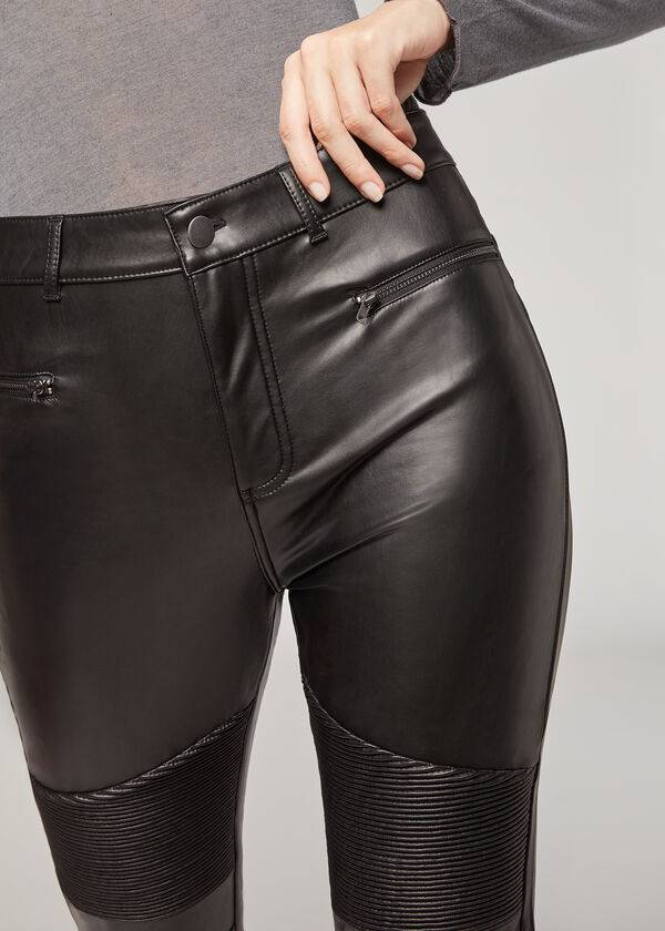 Calzedonia Coated Thermal Mršav Biker Ženske Hlače Crne | HR1469HK