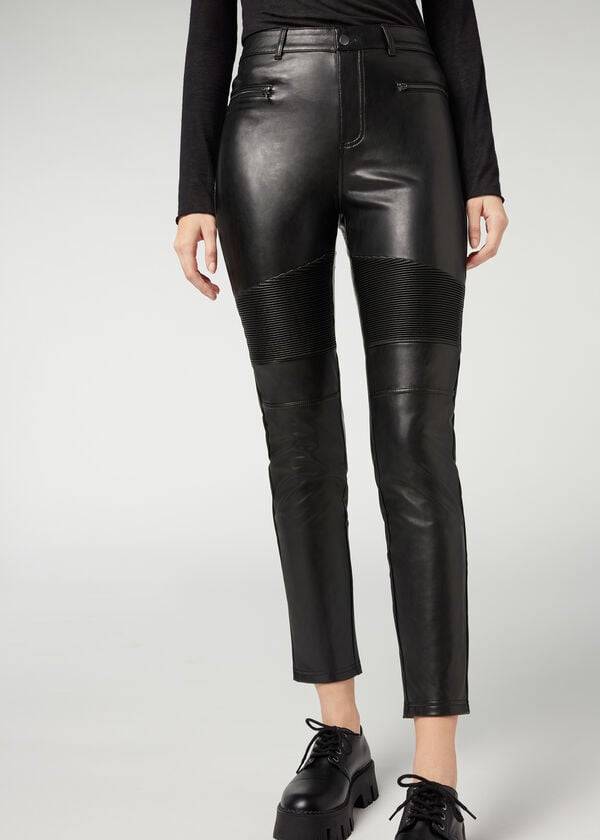 Calzedonia Coated Thermal Mršav Biker Ženske Hlače Crne | HR1469HK