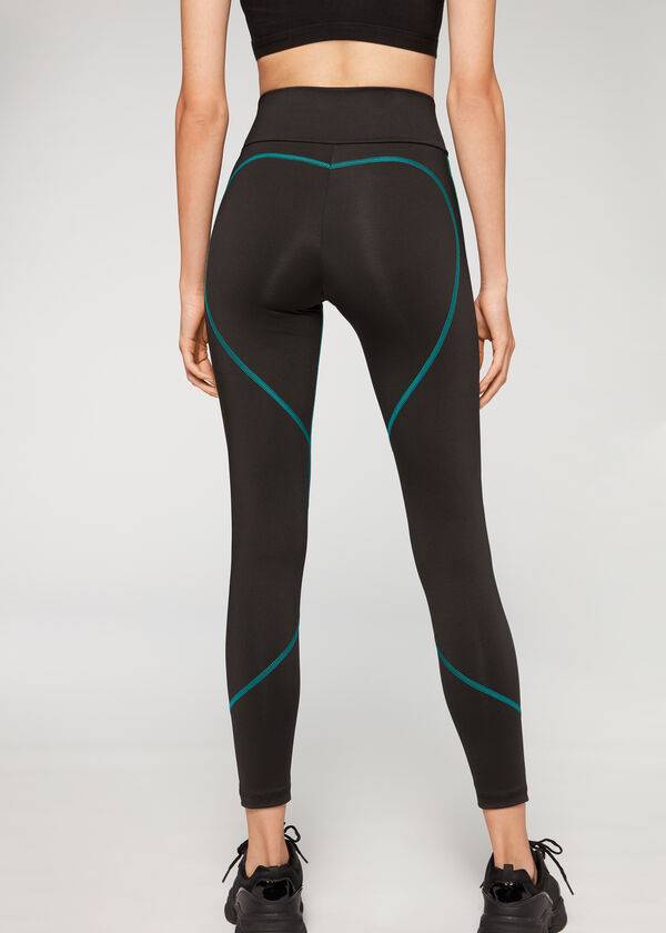 Calzedonia Contrast Seam Performance Athletic Ženske Tajice Crne Zelene | HR1555BC