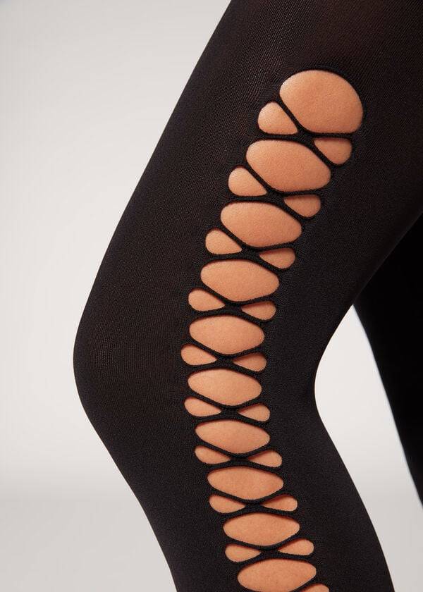 Calzedonia Crisscross Cut-Out Opaque 90 Denier Patterned Ženske Hulahopke Crne | HR3101IS