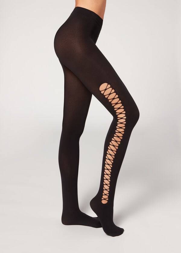 Calzedonia Crisscross Cut-Out Opaque 90 Denier Patterned Ženske Hulahopke Crne | HR3101IS