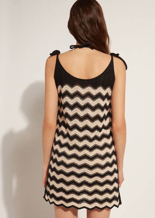 Calzedonia Crochet Dress with Chevron Motif Ženske Cover Ups Crne Bež | HR2118GL