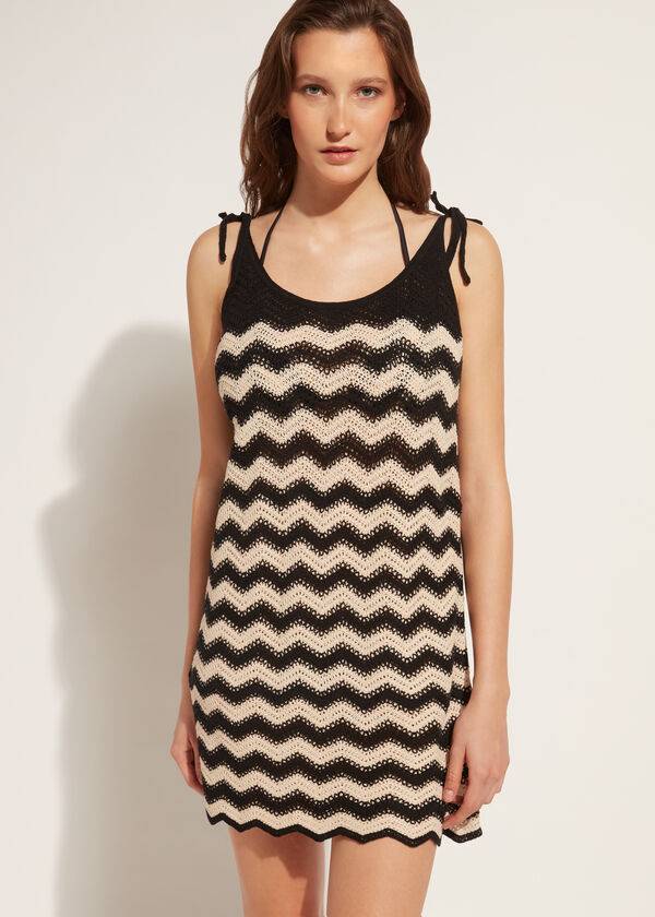 Calzedonia Crochet Dress with Chevron Motif Ženske Cover Ups Crne Bež | HR2118GL