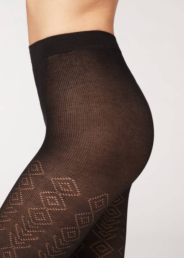 Calzedonia Diamond Pattern with Cashmere Patterned Ženske Hulahopke Crne | HR3098AP