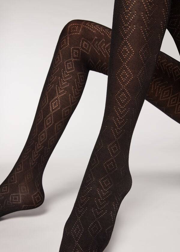 Calzedonia Diamond Pattern with Cashmere Patterned Ženske Hulahopke Crne | HR3098AP