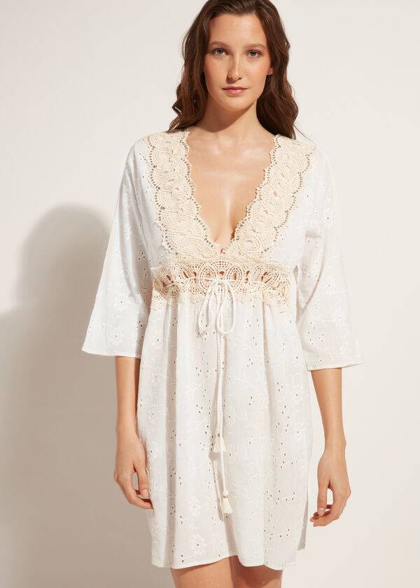 Calzedonia Dress in Sangallo Lace and Sequins Ženske Cover Ups Bijele | HR2114AP