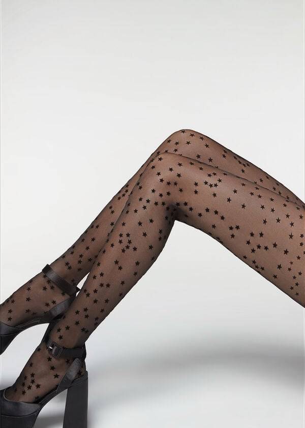 Calzedonia Flocked Stars 30 Denier Sheer Ženske Hulahopke Crne | HR2967MA