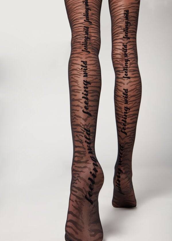 Calzedonia Flocked Tiger Text 50 Denier Patterned Ženske Hulahopke Crne | HR3094GL