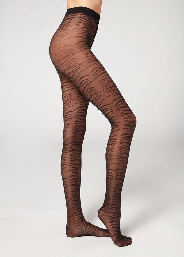 Calzedonia Flocked Tiger Text 50 Denier Patterned Ženske Hulahopke Crne | HR3094GL