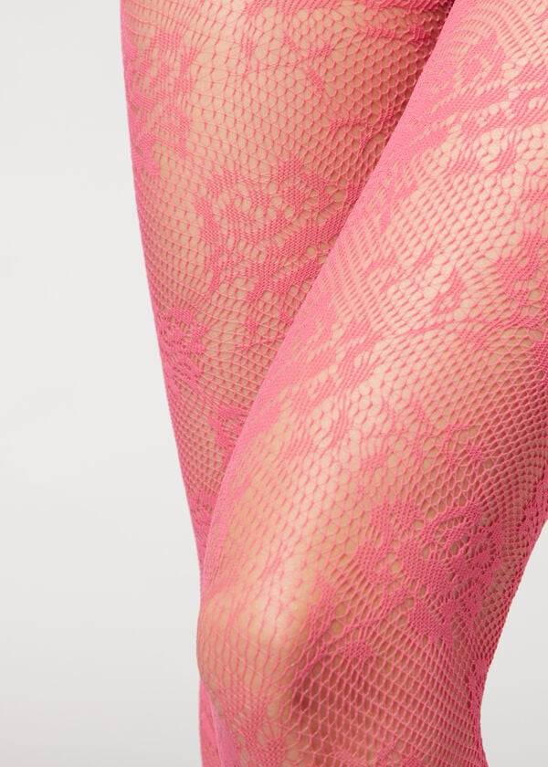 Calzedonia Floral Lace-Motif Fishnet Patterned Ženske Hulahopke Roze | HR3091KI