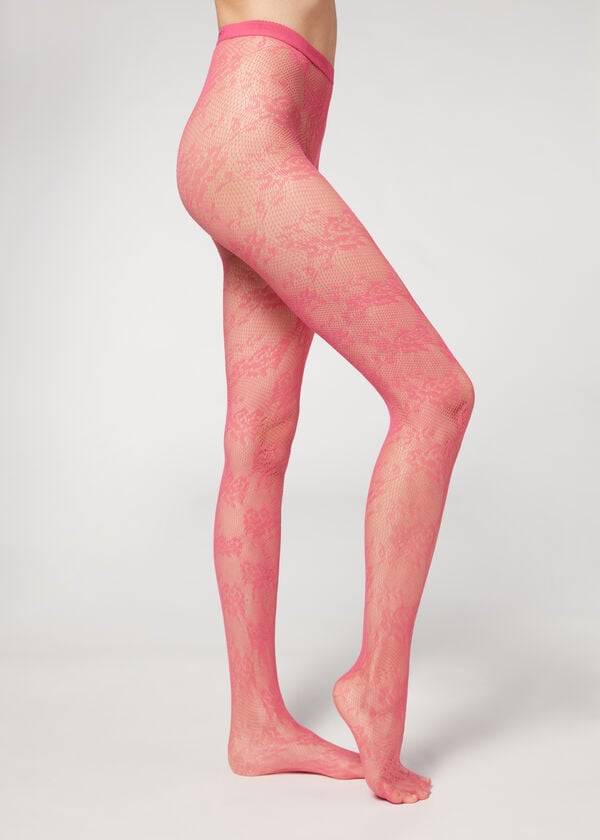 Calzedonia Floral Lace-Motif Fishnet Patterned Ženske Hulahopke Roze | HR3091KI