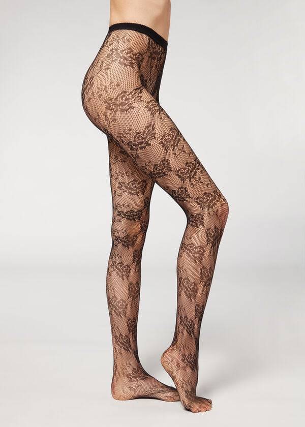 Calzedonia Floral Lace-Motif Fishnet Patterned Ženske Hulahopke Crne | HR3092JJ