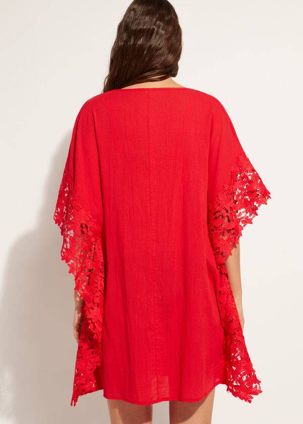 Calzedonia Floral Macramé Lace Caftan Ženske Cover Ups Crvene | HR2111IS