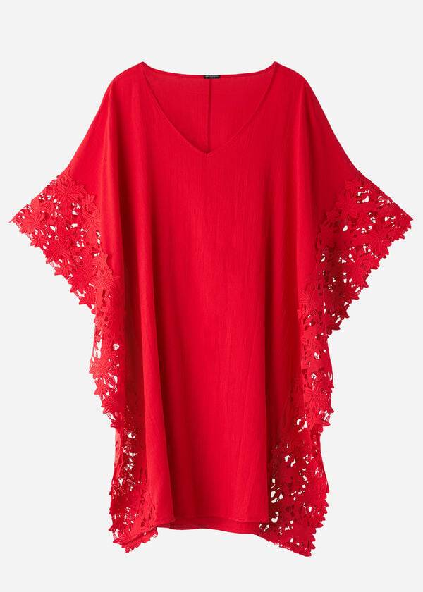 Calzedonia Floral Macramé Lace Caftan Ženske Cover Ups Crvene | HR2111IS