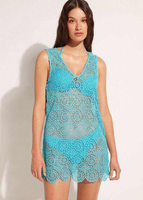 Calzedonia Geometric Crochet Dress Ženske Cover Ups Tirkizne | HR2107RW