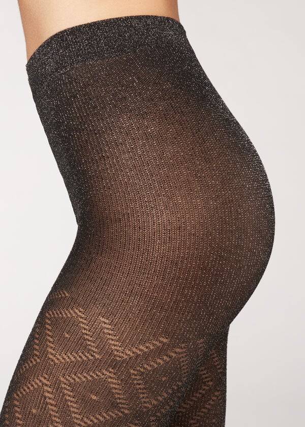 Calzedonia Glitter Diamond Pattern Patterned Ženske Hulahopke Crne Srebrne | HR3084NB