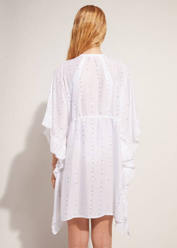 Calzedonia Kimono Caftan with Sangallo Lace and Sequins Ženske Cover Ups Bijele | HR2106EX