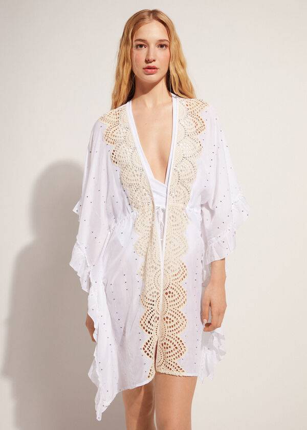 Calzedonia Kimono Caftan with Sangallo Lace and Sequins Ženske Cover Ups Bijele | HR2106EX