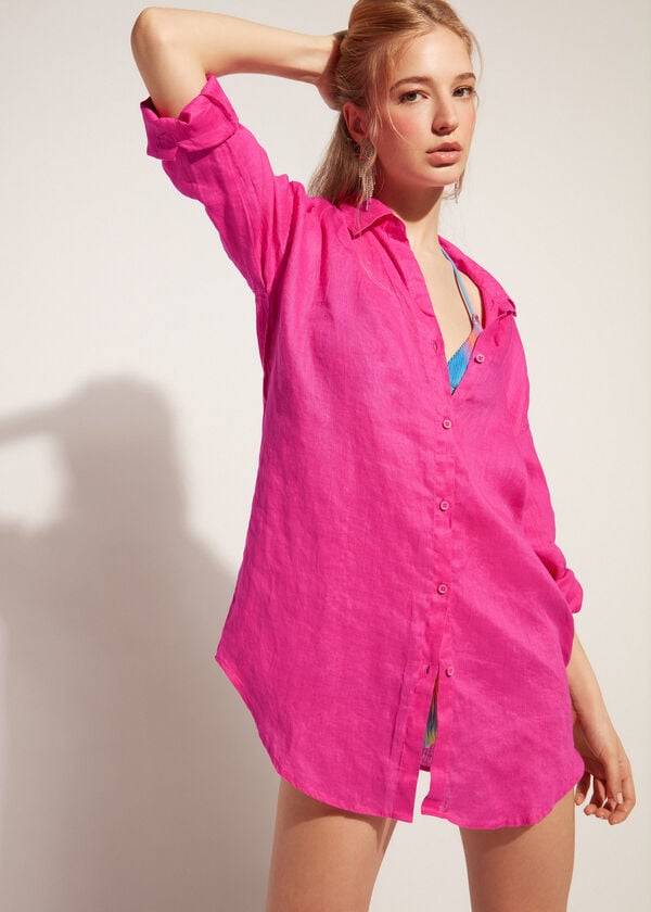 Calzedonia Linen Shirt Ženske Cover Ups Roze | HR2095KI