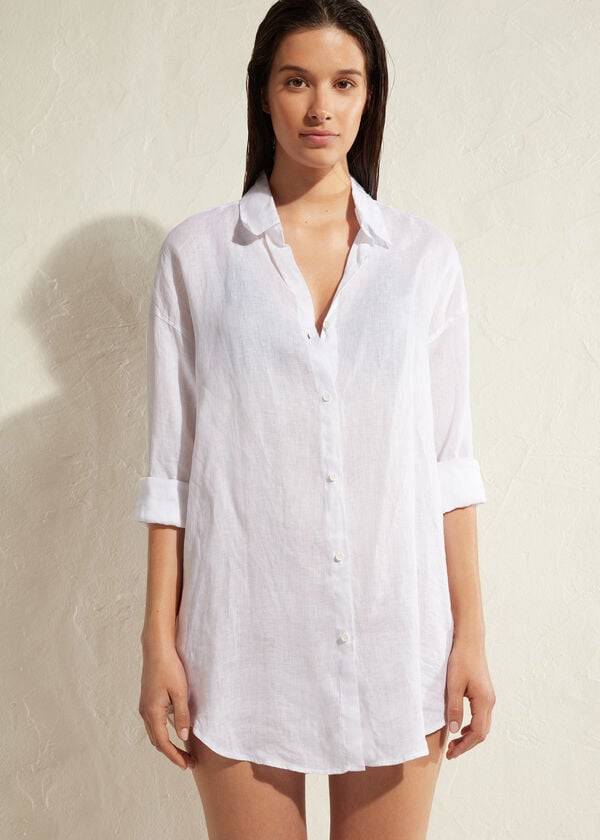 Calzedonia Linen Shirt Ženske Cover Ups Bijele | HR2098XF