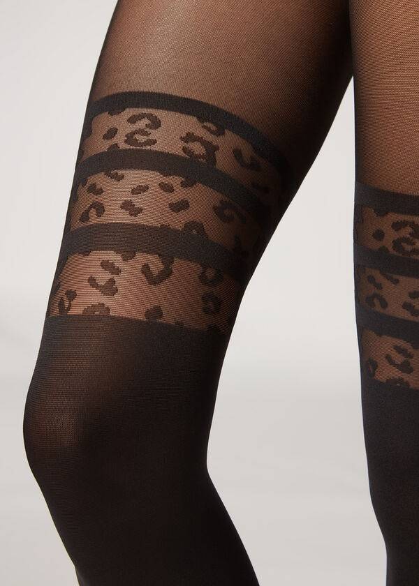 Calzedonia Longuette-Effect Animal-Print Patterned Ženske Hulahopke Crne | HR3081WY