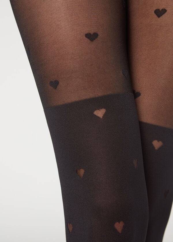 Calzedonia Longuette-Effect Mini Heart-Motif Patterned Ženske Hulahopke Crne | HR3080EX