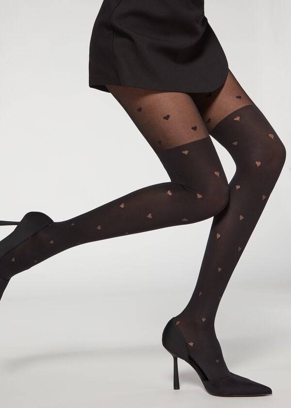 Calzedonia Longuette-Effect Mini Heart-Motif Patterned Ženske Hulahopke Crne | HR3080EX