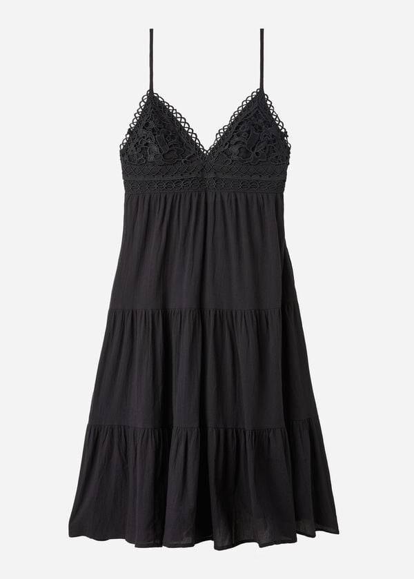 Calzedonia Midi Dress in Macramé Lace and Ruffled Skirt Ženske Cover Ups Crne | HR2086OR