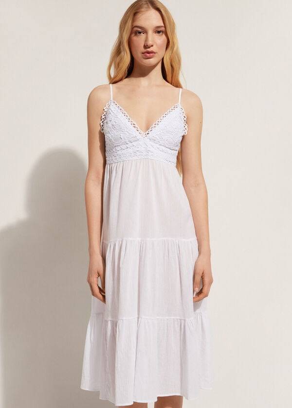 Calzedonia Midi Dress in Macramé Lace and Ruffled Skirt Ženske Cover Ups Bijele | HR2087PQ