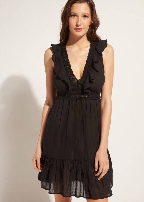 Calzedonia Mini Dress with Ruffle and Passementerie Ženske Cover Ups Crne | HR2085IS