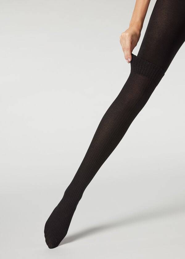 Calzedonia Rebrasti Longuette Effect with Cashmere Patterned Ženske Hulahopke Crne | HR3066NB