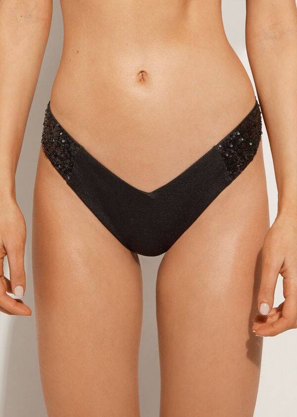 Calzedonia Sequined High-Cut Brazilian Cannes Cheeky Ženske Donji Dio Bikinija Crne | HR2646AP